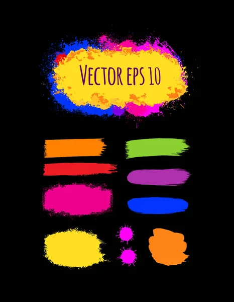 Conjunto de pancartas grunge pintadas. Tintes coloridos brillantes del vector de tinta aislados en negro . — Vector de stock