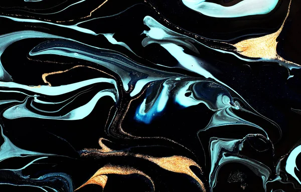 Gemarmerde donkere, blauwe en gouden abstracte achtergrond. Vloeibaar marmer patroon — Stockfoto