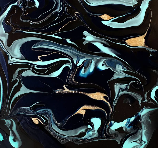 Μαρμαροειδές σκούρο, μπλε και χρυσό αφηρημένο φόντο. Σχηματισμός υγρού μαρμάρου — Φωτογραφία Αρχείου