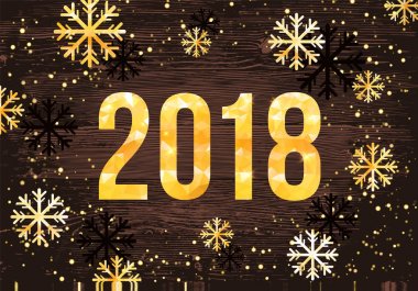 Vektör 2018 mutlu yeni yıl kartı. Siyah arka plan üzerine konfeti ile Altın sayılar.