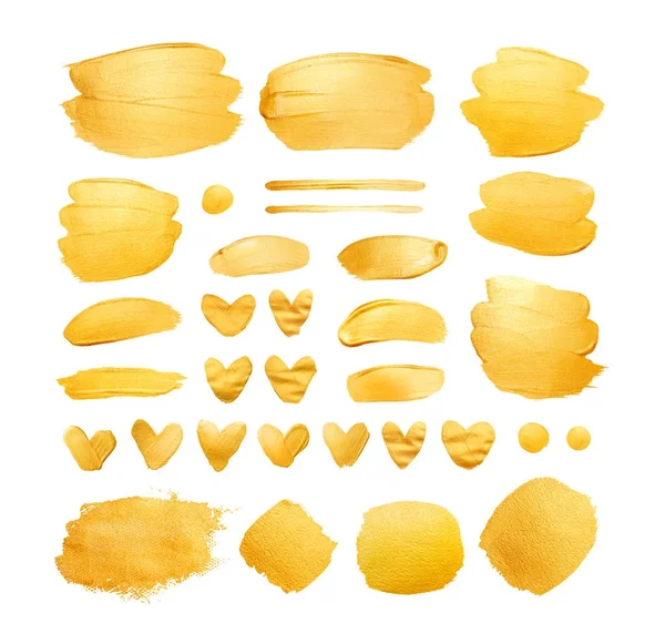 Set of gold shining brush strokes and hearts for you amazing design project. — Stock Photo, Image