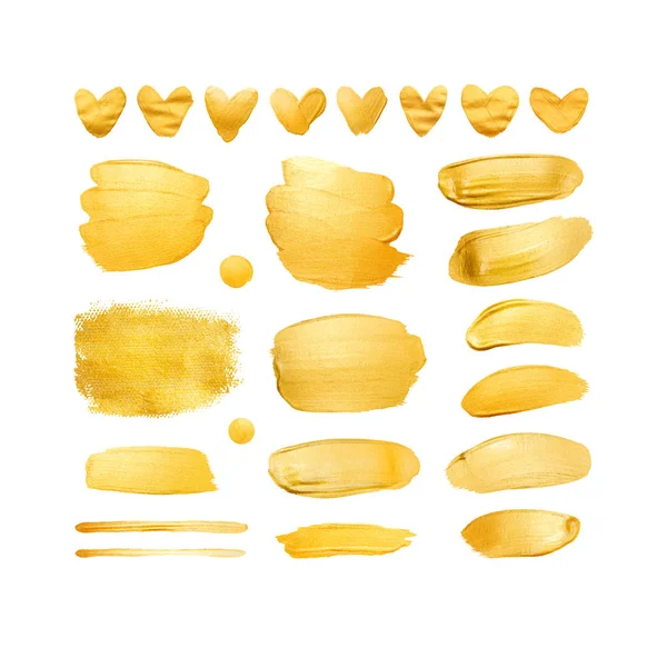 Verzameling van goud glanzende penseelstreken en hart voor u verbazingwekkende ontwerpproject. — Stockfoto