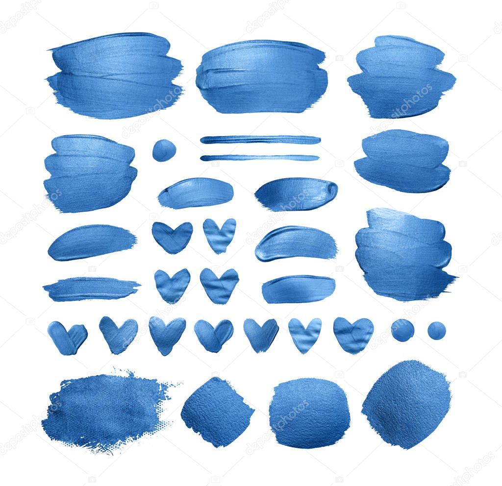 Set of shining classic blue brush strokes inspired by classic blue -color of the year 2020.