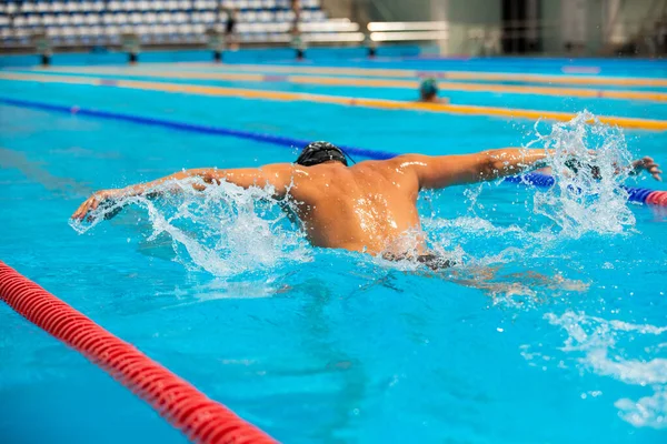 Atletisk man simmar i fjäril stil i poolen med klarblått vatten. — Stockfoto