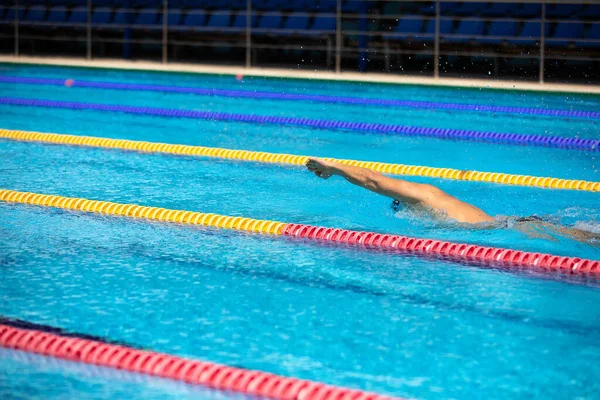在蓝水清澈的游泳池里，运动员在前面的爬行式游泳. — 图库照片