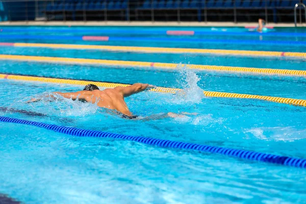 Sportovní muž plavání ve stylu motýla v bazénu s průzračnou modrou vodou. — Stock fotografie