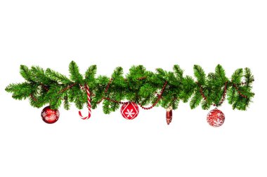 Noel ağacı dalları ile kırmızı baubles, altın yıldız, beyaz - yatay kenarlık izole kar taneleri