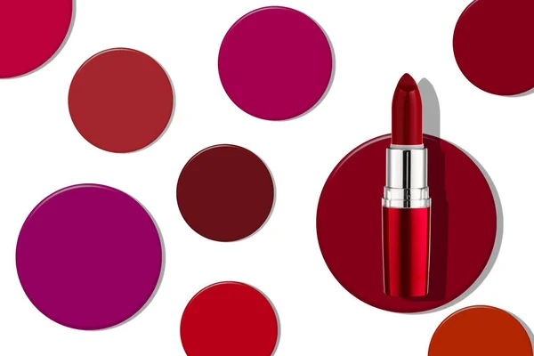 Creatieve reclame foto van lippenstift. Voorwerp op gekleurde vlekken. Begrepen, ruimte. Geïsoleerd op een witte achtergrond. — Stockfoto