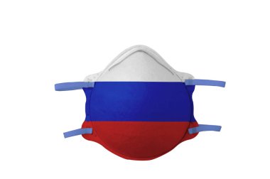 Yüz maskesi ve ulusal bayrak resmi. Beyaz bir arka planda izole edilmiş. Çevresel koruma kavramı, sağlık sorunları.