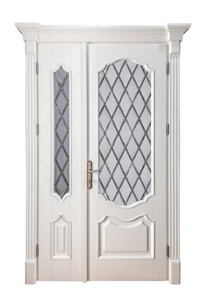 Белая Классическая Деревянная Дверь Изолирована Белом Фоне Двери Украшены Классическими — стоковое фото