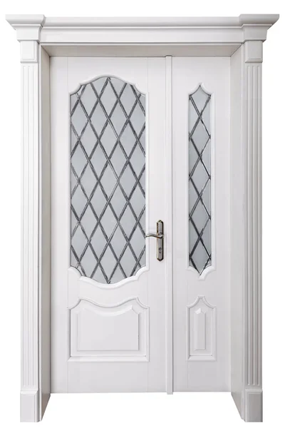 White classic wooden door isolated on white background. The doors are decorated with classic elements. — Stock Image White Classic Wooden Door Isolated White Background Doors Decorated Classic Stock Photo