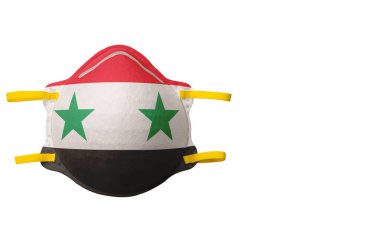 .Yüz maskesi ve ulusal bayrak resmi. Beyaz bir arka planda izole edilmiş. Çevresel koruma kavramı, sağlık sorunları