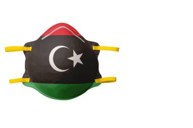 .Yüz maskesi ve ulusal bayrak resmi. Beyaz bir arka planda izole edilmiş. Çevresel koruma kavramı, sağlık sorunları