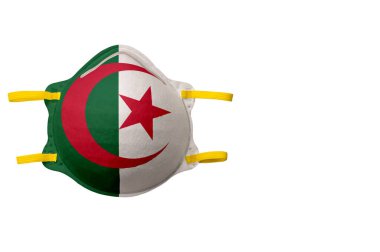 .Yüz maskesi ve ulusal bayrak resmi. Beyaz bir arka planda izole edilmiş. Çevresel koruma kavramı, sağlık sorunları