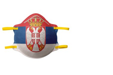 .Yüz maskesi ve ulusal bayrak resmi. Beyaz bir arka planda izole edilmiş. Çevresel koruma kavramı, sağlık sorunları