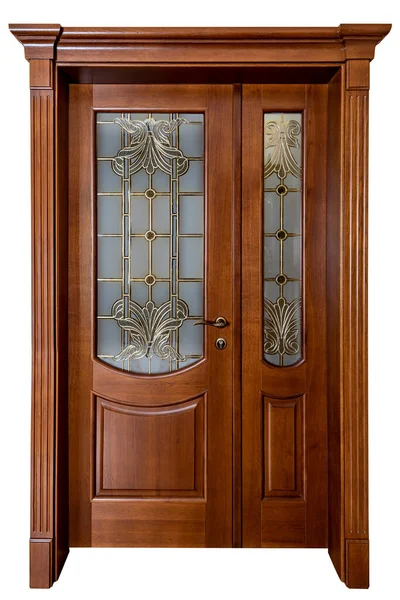 Brown classic wooden door isolated on white background. The doors are decorated with classic elements. — Stock Image Brown Classic Wooden Door Isolated White Background Doors Decorated Classic Royalty Free Stock Images