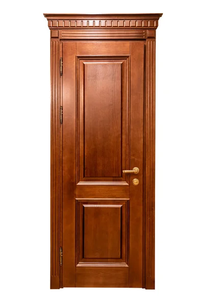 Brown classic wooden door isolated on white background. The doors are decorated with classic elements. — Stock Image Brown Classic Wooden Door Isolated White Background Doors Decorated Classic Stock Photo