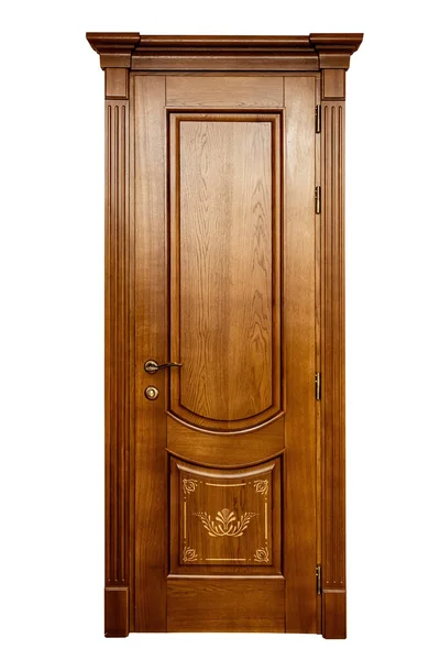 Brown classic wooden door isolated on white background. The doors are decorated with classic elements. — Stock Image Brown Classic Wooden Door Isolated White Background Doors Decorated Classic Royalty Free Stock Images