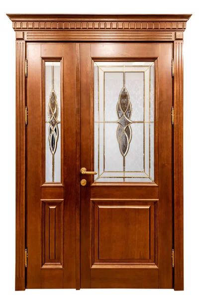 Brown classic wooden door isolated on white background. The doors are decorated with classic elements. — Stock Image Brown Classic Wooden Door Isolated White Background Doors Decorated Classic Stock Photo