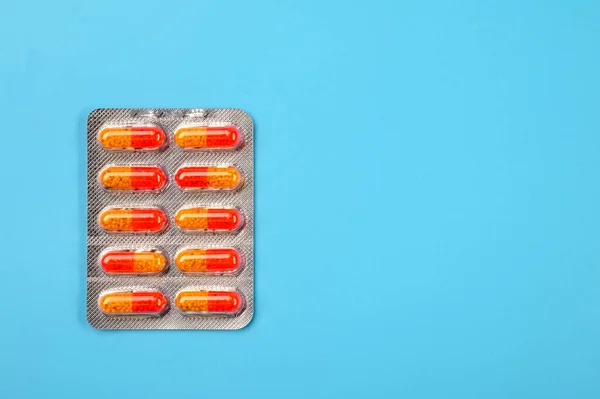 Pharmaceuticals Pills Blue Background Empty Space Text — Stock Photo, Image