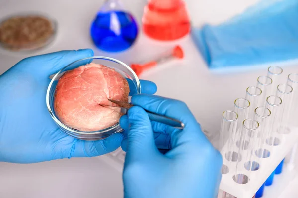 Sentetik et üretimi. Laboratuvarda uygun bir ürün var mı diye bakıyorum. Yapay et geleceğin gıdasıdır. Test tüpü eti.