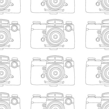 Elle çizilmiş klasik fotoğraf makinesinin kusursuz deseni. Vektör stok illüstrasyonu.