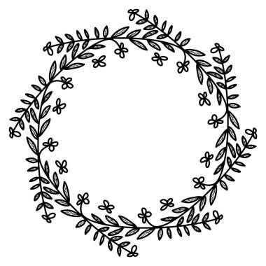 Soyut karalama çiçek çerçevesi. Beyaz arkaplanda izole edilmiş yapraklar ve çiçeklerden.