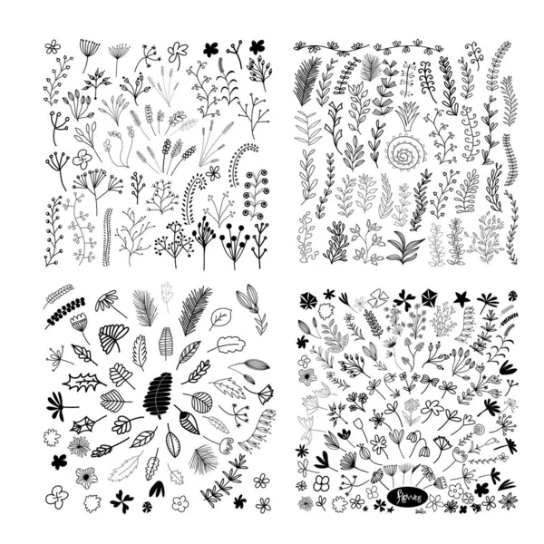 Zestaw Ręcznie Rysowane Doodle Kwiaty Liście Gałęzie Odizolowany Białym Tle — Wektor stockowy