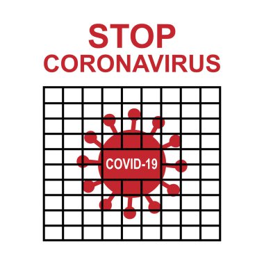 Kafeste Coronavirus 'u durduran Covid-19 bakterisi. Beyaz arka planda izole edilmiş. Vektör stok illüstrasyonu.