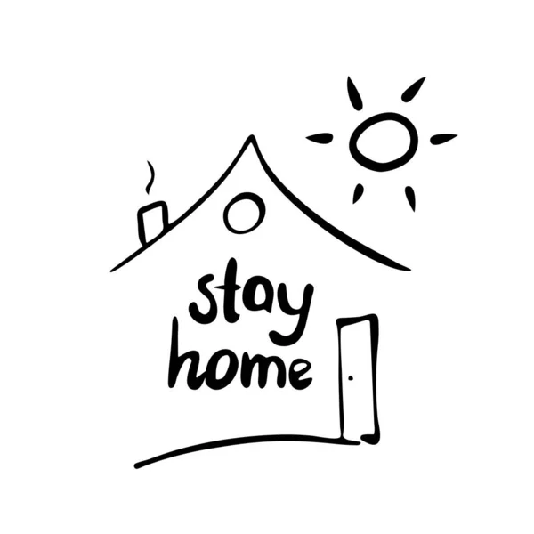 家にいて。かわいい手の引用符と家の形とポスターで太陽を描いた。白い背景に隔離。ベクターストックイラスト. — ストックベクタ