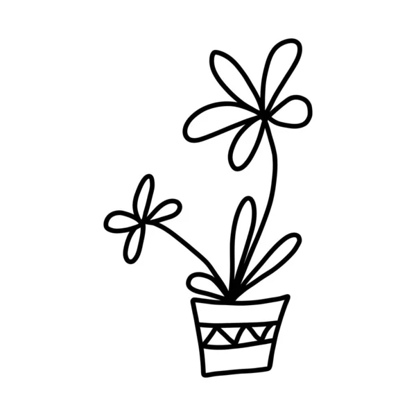Niedliche handgezeichnete Blume im Topf. Einzelnes Doodle-Symbol-Element. Vereinzelt auf weißem Hintergrund. Vektoraktiendarstellung. — Stockvektor