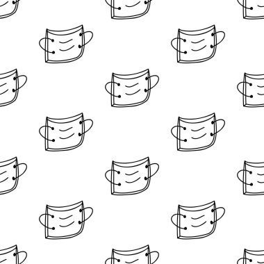 Tıbbî maske takan kusursuz bir desen. Beyazda izole edilmiş. Vektör stok illüstrasyonu.