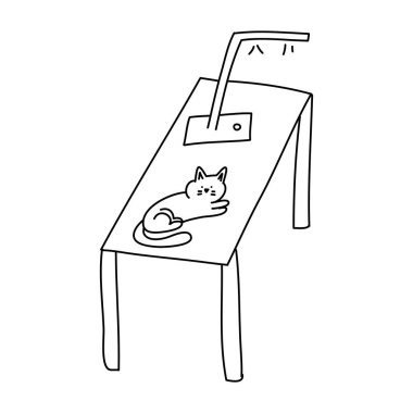 Üzerinde modern lamba ve kedi resmi olan el çizimi bir masa. Çalar saat simgesi. Tek element beyaza izole edildi. Vektör stok illüstrasyonu.