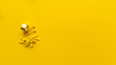 Yüksük, başlıklı iğneler ve sarı arka planda çiçekli forsythia maluch. Tek renkli, düz düz, pastel desenli. Moda ekonomisi konsepti. Stok fotoğrafçılığı.