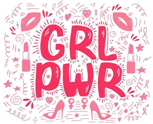 Girl Power Lettering Dengan Pita Merah Muda Bibir Lipstik Stiletto - Stok Vektor