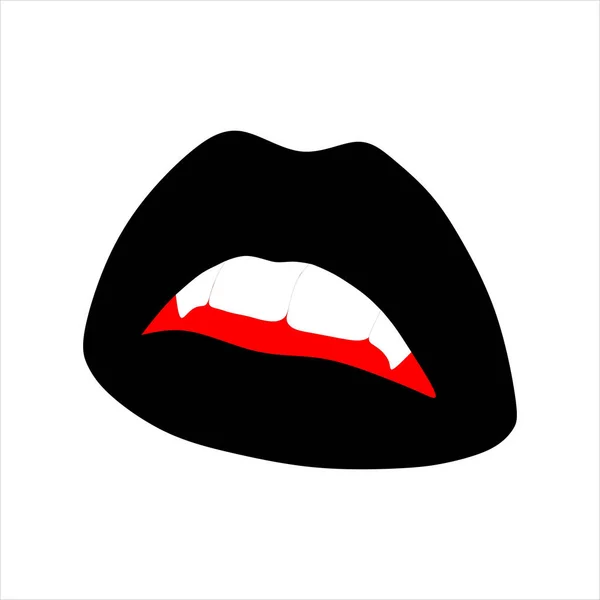 Trendy Flat Black Open Lips Vampire Fangs Isolated Illustration White — Stock Vector