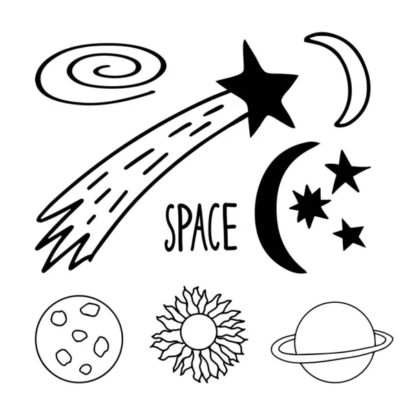 Set Von Niedlichen Handgezeichneten Doodle Space Elementen Saturnplanet Mond Sonne — Stockvektor