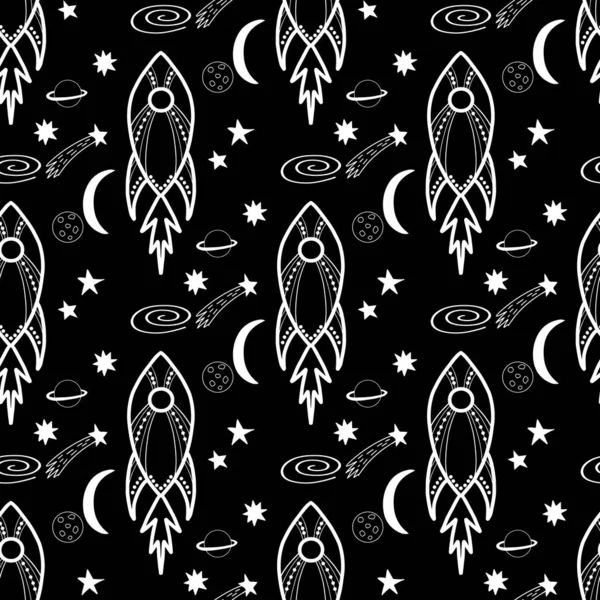 Seamless pattern made with doodle rockets, planets, stars, comets. Vector stock illustration.