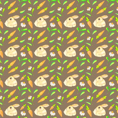 Suluboya, papatyaların, tavşanların, havuçların ve yaprakların koyu arkaplanına pürüzsüz bir desen çizer