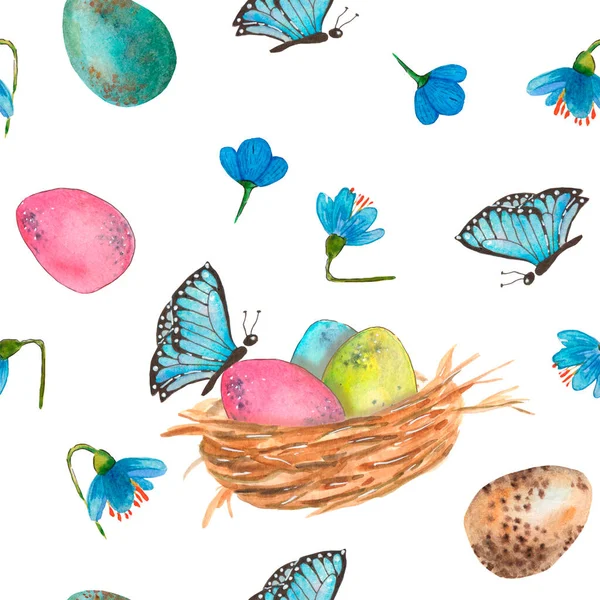 Suluboya, beyaz arka planda yuvaların, yumurtaların, kelebeklerin ve mavi çiçeklerin pürüzsüz desenlerini çizdi