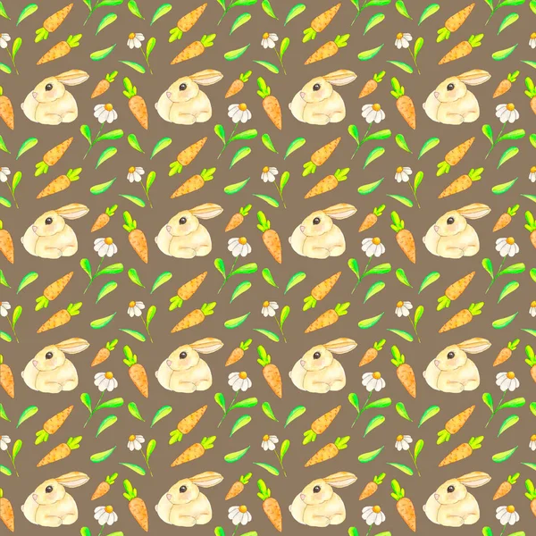 Suluboya, papatyaların, tavşanların, havuçların ve yaprakların koyu arkaplanına pürüzsüz bir desen çizer