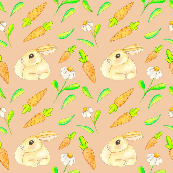 Bahar el yapımı suluboya papatya, tavşan, havuç ve yaprakların bej arka planında pürüzsüz bir desen.