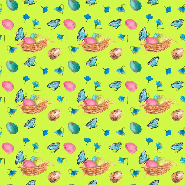 Sulu boya, yeşil arka planda yuvaların, yumurtaların, kelebeklerin ve mavi çiçeklerin pürüzsüz desenlerini çizdi