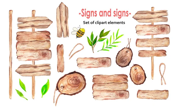 Ilustracja Akwareli Zestaw Drewnianych Znaków Znaków Białym Tle Pszczelimi Zielonymi — Zdjęcie stockowe