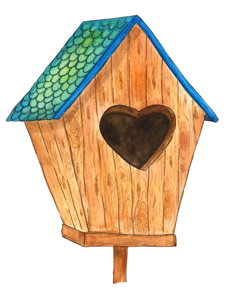Akwarelowa Ilustracja Drewnianego Spawacza Niebieskim Dachem Białym Tle — Zdjęcie stockowe