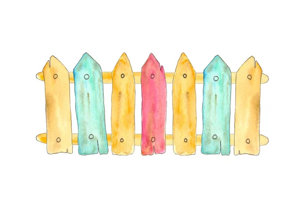 Suluboya çizimi. Beyaz arka planda çok renkli ahşap çitler.