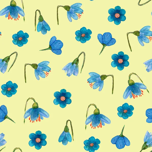 Watercolors draw a spring seamless pattern on a yellow background consisting of blue flowers
