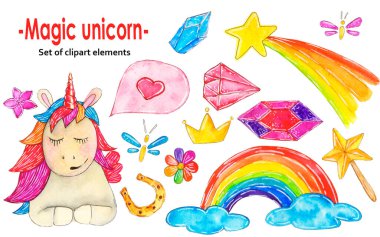 Suluboya çizimleri. Sihirli tek boynuzlu at, gökkuşağı, beyaz arka planda değerli taşlar.