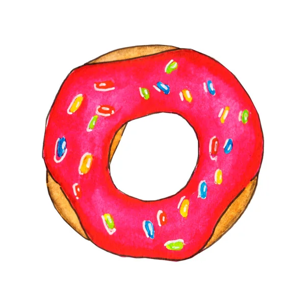 水彩画 粉红甜甜圈 白色背景上有五颜六色的洒水 — 图库照片
