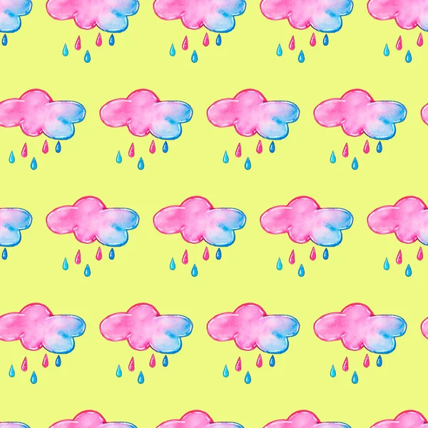 Suluboya, sarı arka planda mavi ve pembe bulutlardan oluşan kusursuz bir desen çizer.